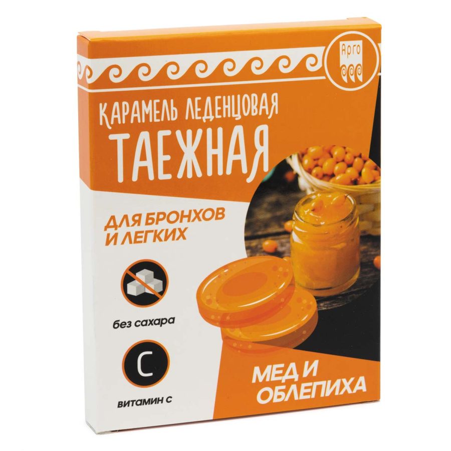 Карамель леденцовая Таежная для бронхов и легких, мед и облепиха